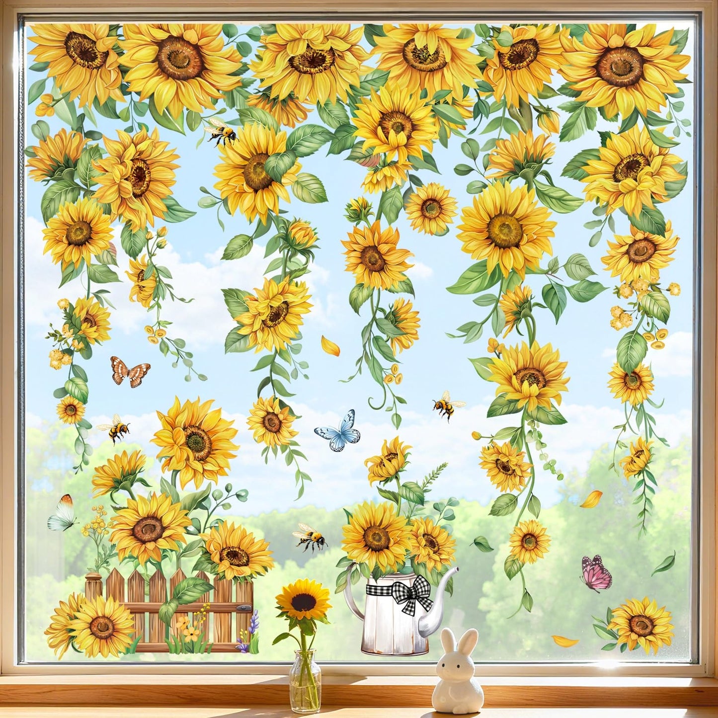 decalmile Spring Summer Sunflower Double Sided Window Clings Hanging Flower Vine Garden Flower Anti-Collision Glass Doors Window Stickers Decals