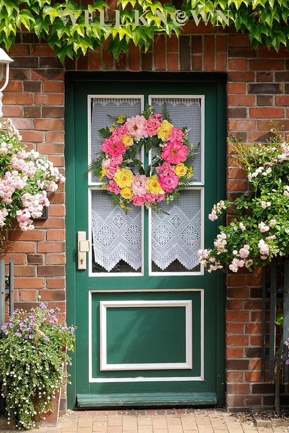 Wreaths for Front Door, WELL KNOWN Spring Summer Seasonal Hot Pink & Yellow Flowers Wreath for Front Door, Artificial Silk Peony Flower Wreath for Wall Hanging, Home Office Wedding Party Decor