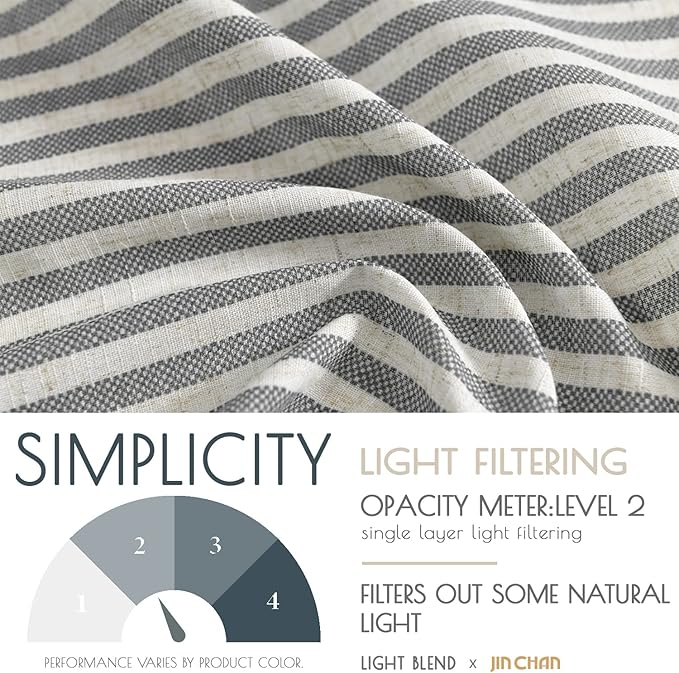 JINCHAN Tie Top Linen Kitchen Curtains 24 Inch Striped Tier Curtains Farmhouse Modern Cafe Style Small Window Treatments Airy Light Filtering Rod Pocket for Living Room Bathroom 2 Panels Charcoal Grey