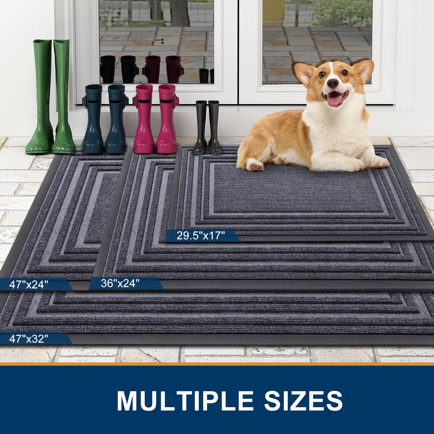 Buganda Front Door Mat Indoor Outdoor Entrance, Non-Slip Natural Rubber Doormats, Easy Clean, Low Profile, Dirt Trapper Entryway Floor Mats for Outside, Garages and Patios, 47x32, Grey