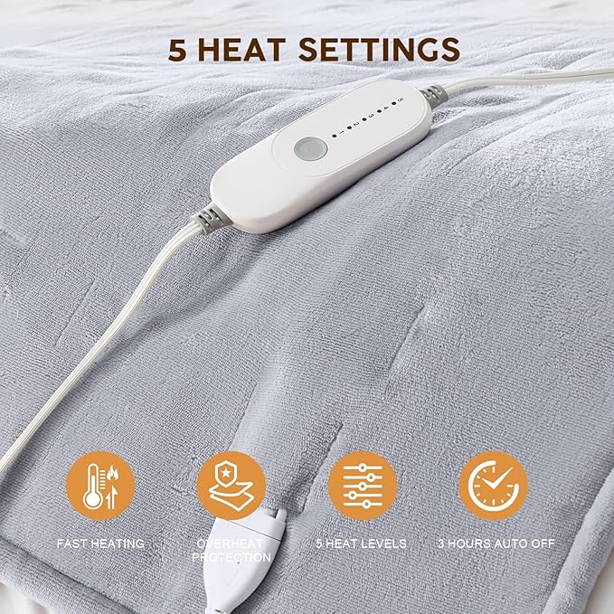 HYLEORY Heated Electric Blanket Twin 62"x84" Soft Fleece & Flannel with 5 Heating Levels & 10 Hours Timer Auto Shutt Off, ETL Certified, Washable，Heated Blanket for Body-Light Grey