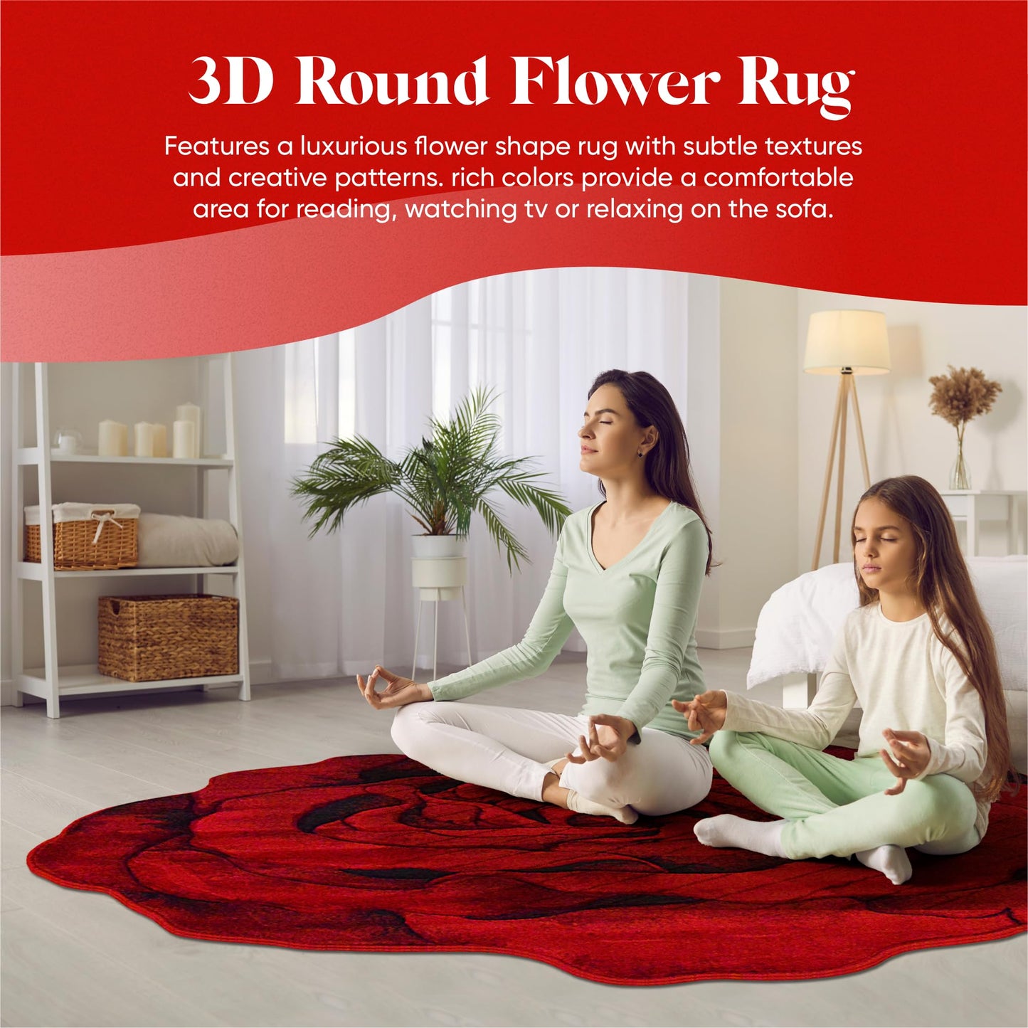 Rose Rug 5ft Round Area Rugs Cute Plush Flower Shaped Rug Circle Girly for Bedroom Floor Living Room Carpet 304 Red