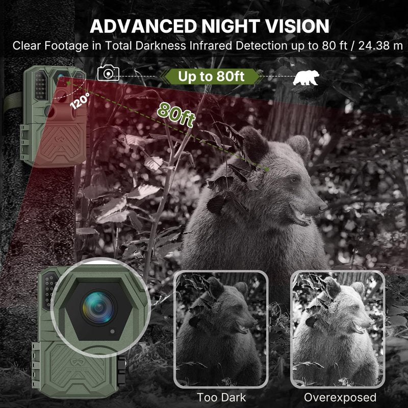 WOSODA Rechargeable Trail Camera (Non-Cellular, Non-WiFi),40MP 2K Game Cam with 2200mAh Lithium Battery,0.2s Trigger Night Vision Motion Activated,IP66 Waterproof 120° Wide Lens Wildlife Camera
