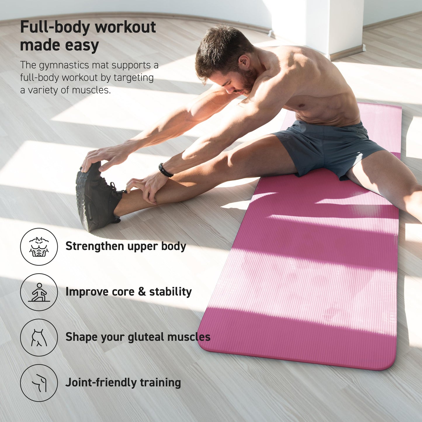MSPORTS Thick Yoga Mat Non Slip – Extra Comfortable Exercise Mat for Home Workouts, Pilates, Stretching & Gym – Cushioned NBR Foam, Yoga Mat with Strap, for Women & Men (Pink, 74.5 x 40 x 0.6 in)