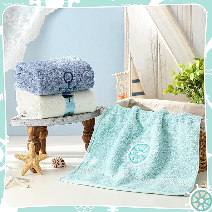 3 Pack Nautical Hand Towels for Bathroom 100% Cotton Embroidered Beach Bathroom