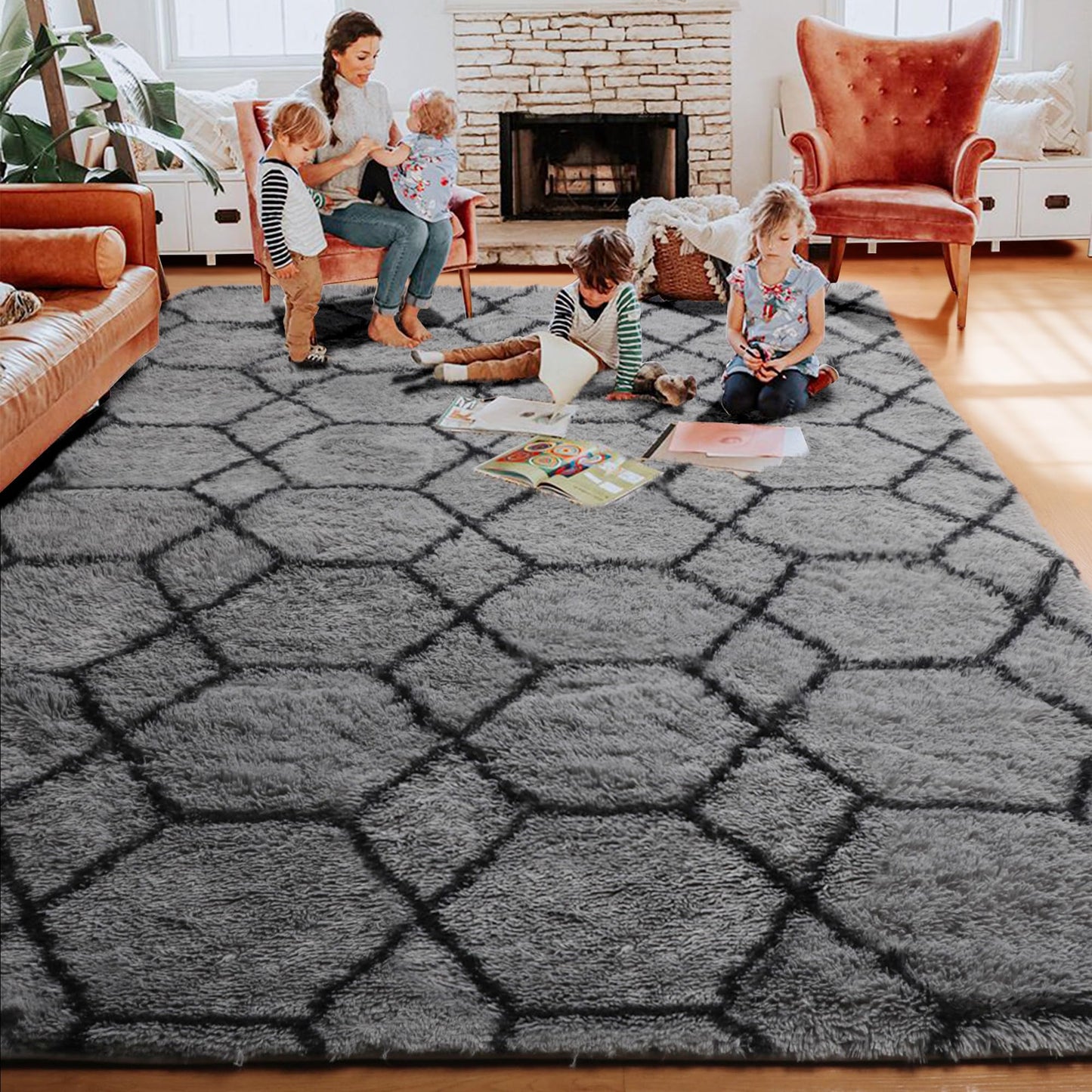 ONASAR 6x9 Area Rugs for Living Room Bedroom, Large Fluffy Grey and Black Throw Rug, Geometric Soft Plush Shaggy Fuzzy Floor Carpet for Nursery Kids Girls Boys Teen Dorm Home Office Decor Aesthetic