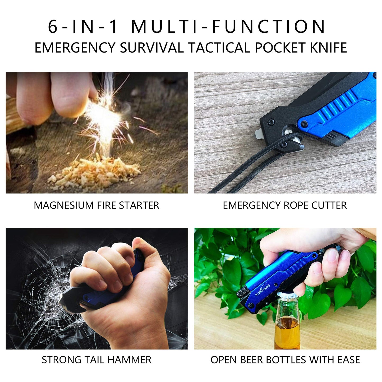 ALBATROSS 6-in-1 Survival Tactical Military Folding Pocket Knives with LED Light,Seatbelt Cutter,Glass Breaker,Magnesium Fire Starter,Bottle Opener;Multi-Function Emergency Tool(Blue)