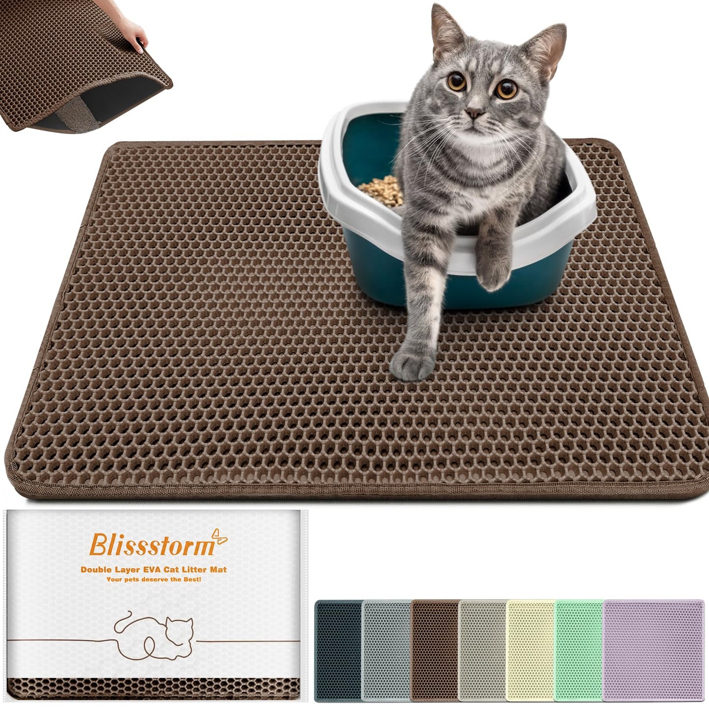 blissstorm Extra Large Waterproof Cat Litter Mat - 31x24 Inch Honeycomb Double Layer Traps Litter, Waterproof & Non-Slip Floor Protector, Easy Clean, Odor-Free, Brown