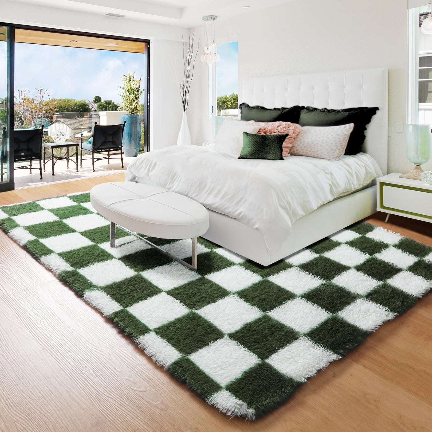 KICMOR Area Rugs for Bedroom Living Room, 4x6 Soft Fluffy Olive Green and White Checkered Shag Rug Fuzzy Shaggy Plush Bedside Carpet, Non-Slip Indoor Floor Rug for Boys Girls Room Nursery Home Decor