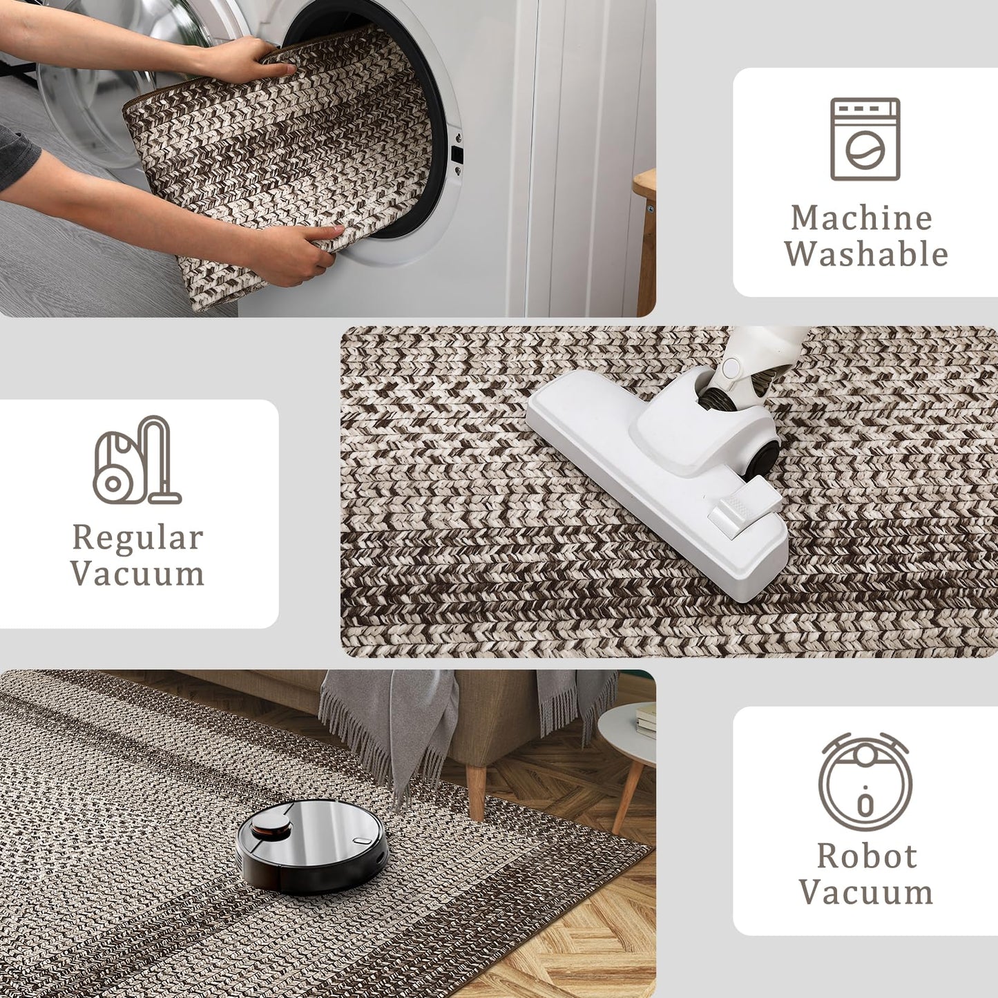 Modern Bordered Round Area Rug 4ft Washable Bedroom Circle Rugs Non Slip Stain Resistant Dining Room Round Throw Carpet Contemporary Circle Mats for Living Room Kitchen Nursery, Mocha