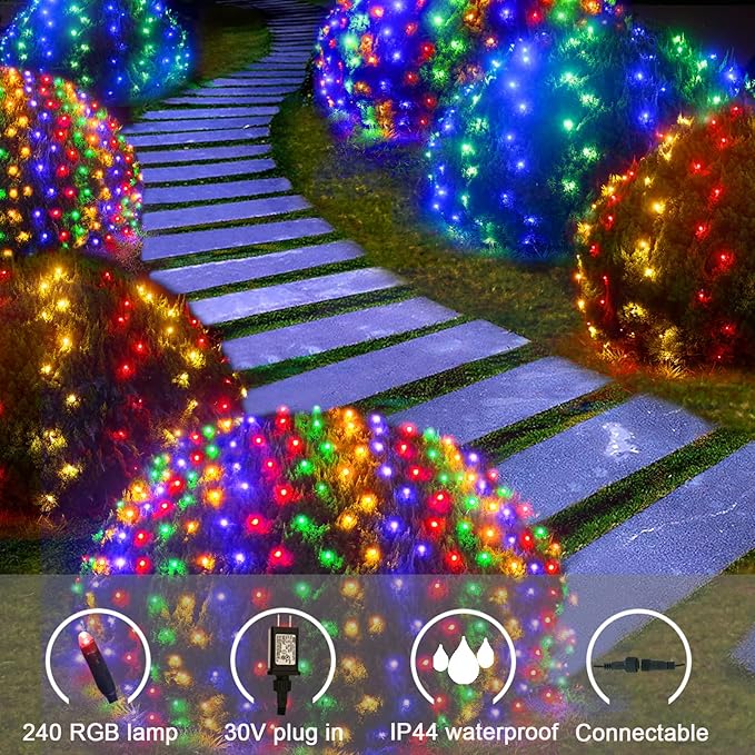 Obrecis Christmas Net Lights Outdoor, 240 LED 35 Color Changing Mesh Lights, 14.8 ft x 5 ft Waterproof Connectable Multicolored Halloween String Lights for Bushes Xmas Tree Garden Party Home Decor