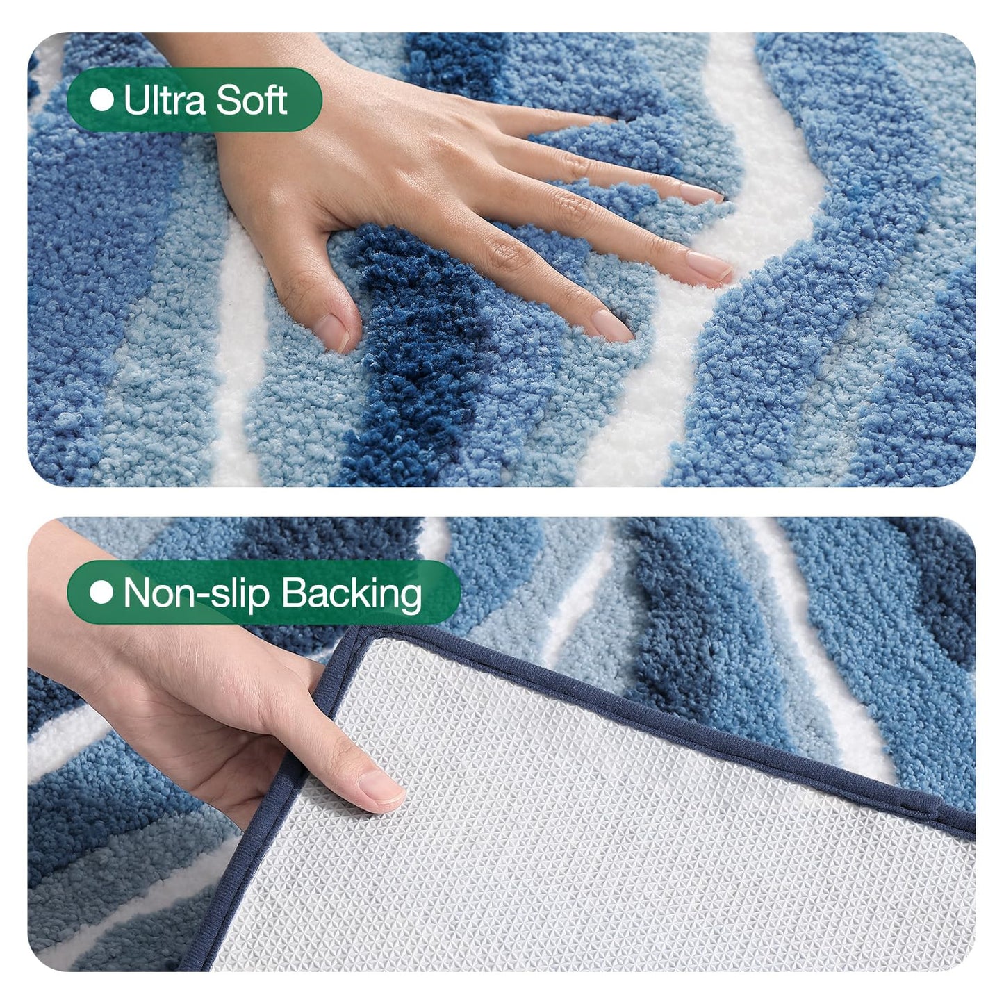 LUMI Absorbent Bathroom Rug Non Slip Rubber Backing, Machine Washable Wave Bath Mat Soft Premium Microfiber, Beach Bath Rugs Quick Dry for Bathtub and Shower Floor, 16"x24"