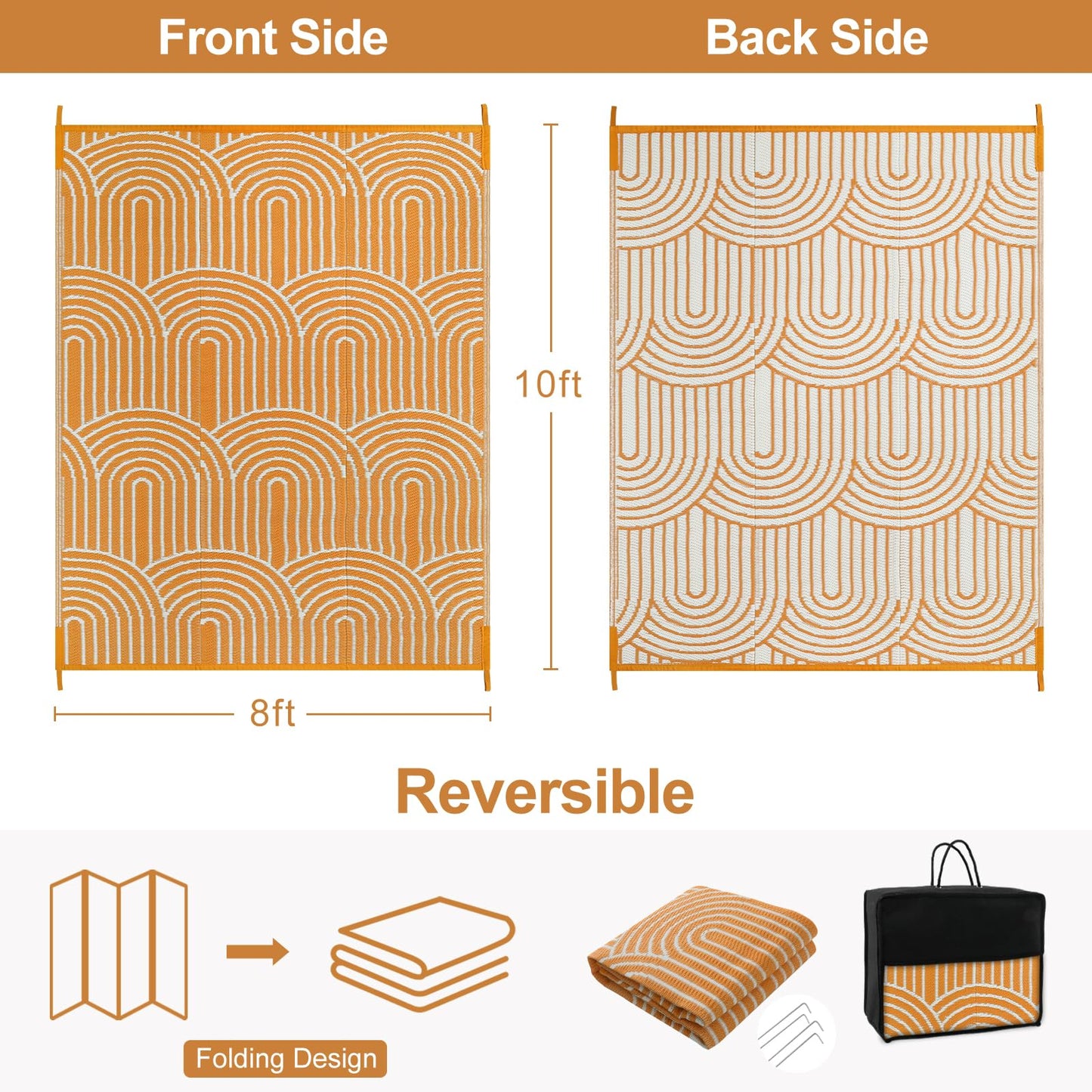 Lahome Outdoor Area Rugs 8x10 Waterproof, Plastic Reversible Rv Mats for Outside, Portable Lightweight Camping Carpet for Beach Backyard Garden (Rainbow Orange, 8'x10')