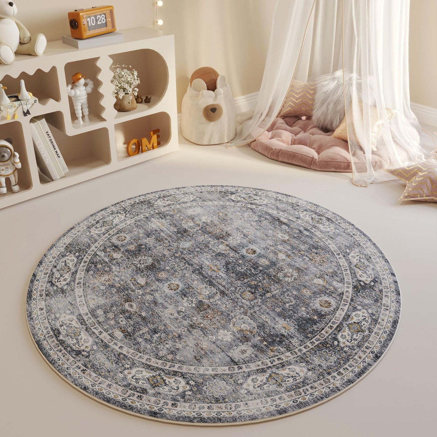 Rugcomf Round Rug 4ft Washable Circle Rug Non Slip Low Pile Boho Small Circular Rug for Bedroom, Bathroom, Entryway, Kids Room, Office, College Dorm(Grey)