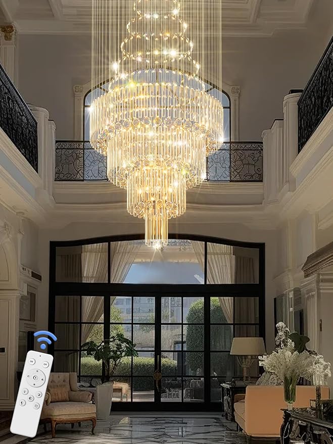 D32''X H110'' Modern Crystal Raindrop Gold Chandelier Lighting for Entrance, Stairs, Doorway, Crystal Ornament Chandelier Can be Used on Sloping Ceiling