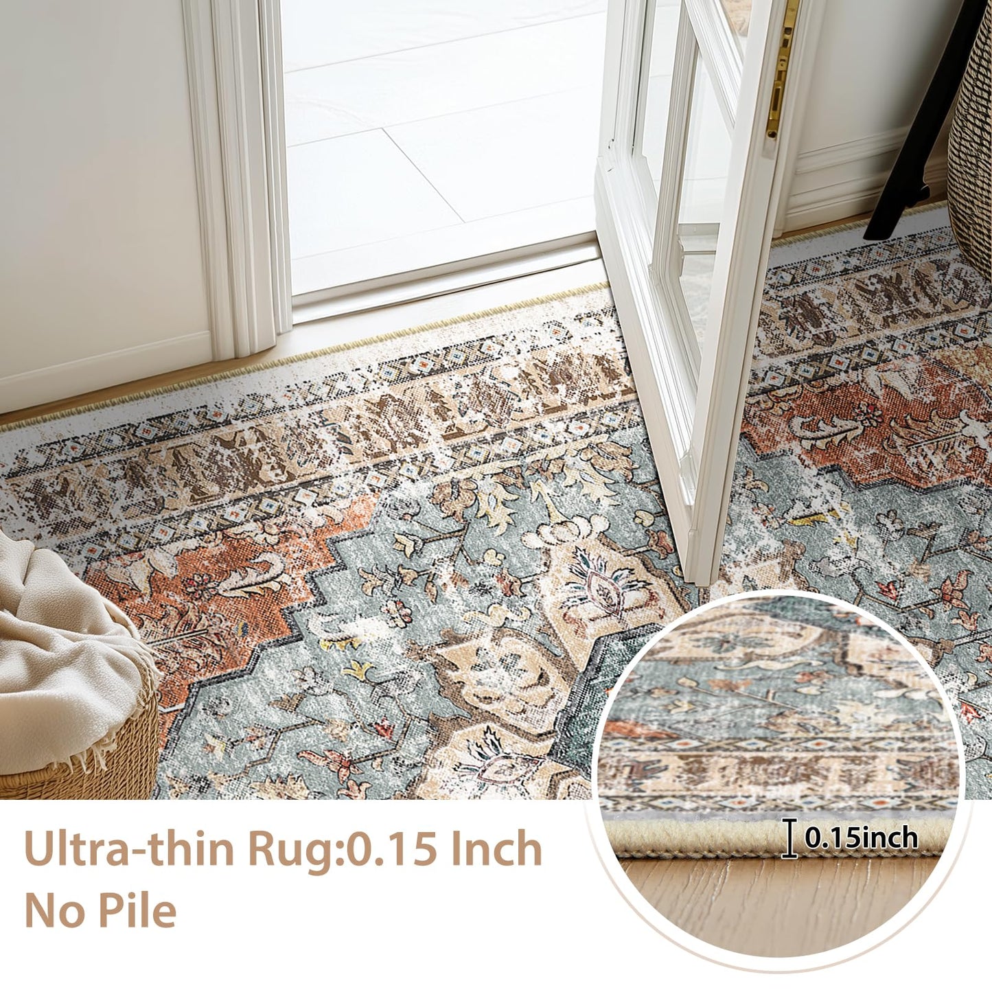 BESTSWEETIE 8x10 Area Rug Washable Rugs for Living Room, No Pile Boho Carpet for Entryway Bedroom Dinning Room, Vintage Carpet Print Distressed Non-Slip, 8 x 10 ft, Green Brick Rust Red