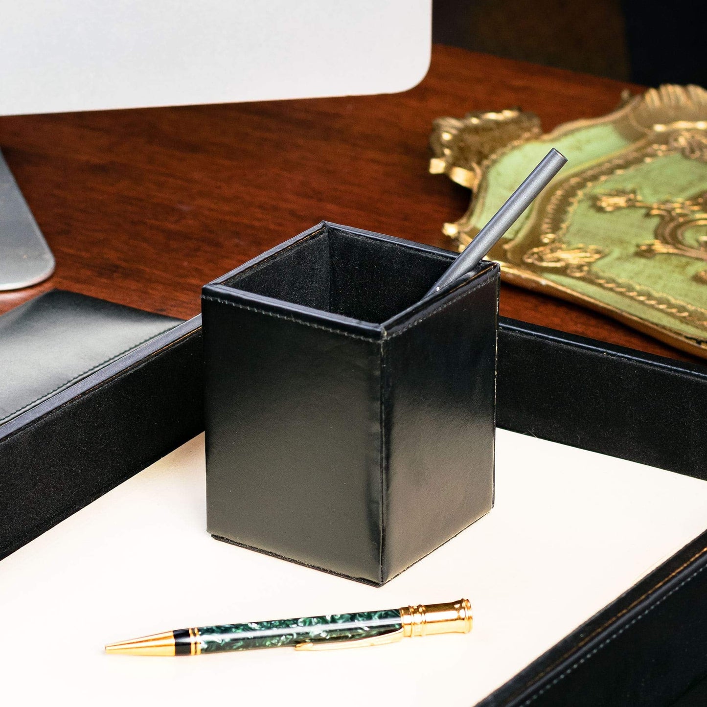 Dacasso Pencil Cup, Luxury Black Bonded Leather - Executive Decor and Elegant Organizer