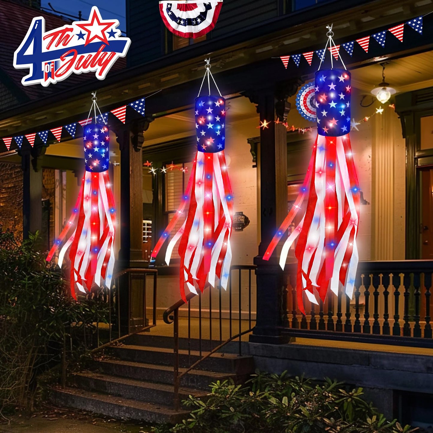 3 Pack 40" American Flag Windsock with Lights 4th of July Decorations, 250th Anniversary USA Red White Blue Star Stripes Patriotic Windsock Memorial Day Independence Day Fourth of July Outdoor Decor