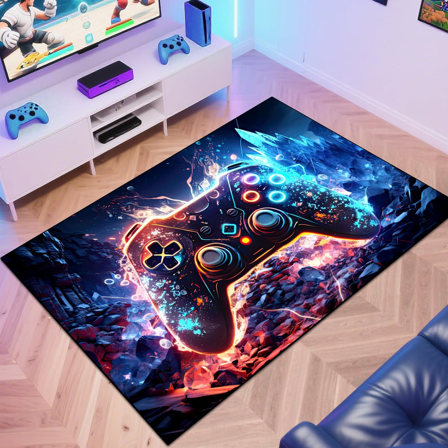 Gaming Area Rug Teen Boys Carpet, Colorful Gamepad Background Game Controller Design for Game Room, Boys Girls Bedroom Playroom, Living Room (Crystal Cave, 60" x 40")