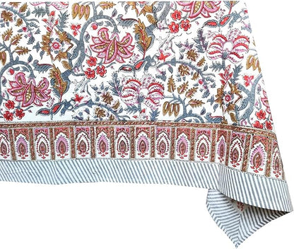 ATOSII Eden 100% Cotton Tablecloth, Handblock Floral Print Rectangle Linen for Kitchen Dining I Parties Wedding Christmas Thanksgiving Outdoors I Spring Summer 60 X 90 Inches I 6 Seater Table