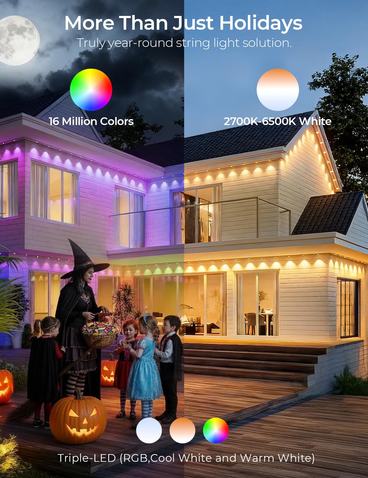 SMAVISTA Smart Permanent Outdoor Lights Pro, 50ft 30LED RGB+IC+Warm/Cool White for Daily, 100+ Scene Modes, Waterproof Eaves Light for Halloween Christmas Decor, Works with Alexa, Google Assistant