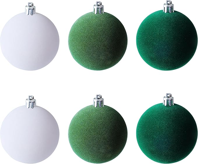 Amooca 3.15in Large Christmas Balls Ornaments Flocking Xmas Tree Hanging Decoration New Year Holiday Party Baubles 6pc Set White Green