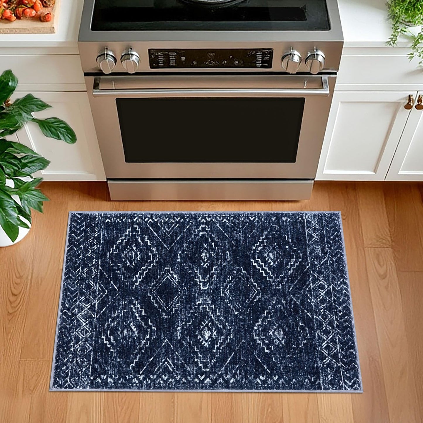 KILOCOCO Boho Entryway Rug 2x3 Printed Small Area Rug Indoor Door Mat Machine Washable Kitchen Rugs Super Soft Non Slip Throw Rugs for Bedroom Entrance Geometric Laundry Room, Dark Blue