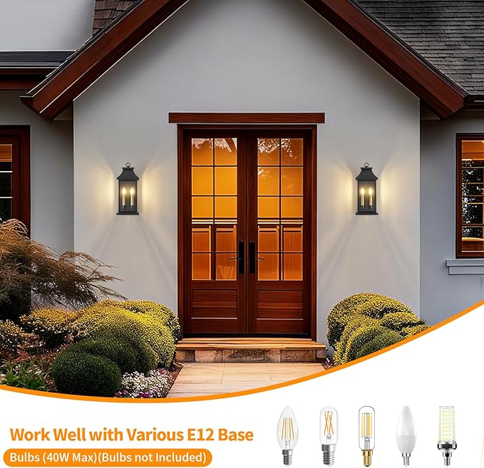 tewei 18'' Outdoor Wall Lights, Porch Light Outdoor Wall Sconce Lantern, 2-Light Black Exterior Lighting Fixture Wall Mount E12 Gold Base, Outside Light for House Backyard Garage, 2-Pack