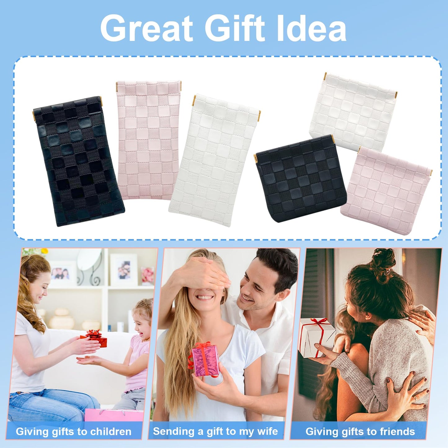 4PCS Small Makeup Bag for Purse, Mini Leather Pocket Cosmetic Bag for Women, Waterproof Portable Makeup Pouch No Zipper Coin Purse Lipstick Bag Accessories, Checkered Travel Storage Bag(White, Black)