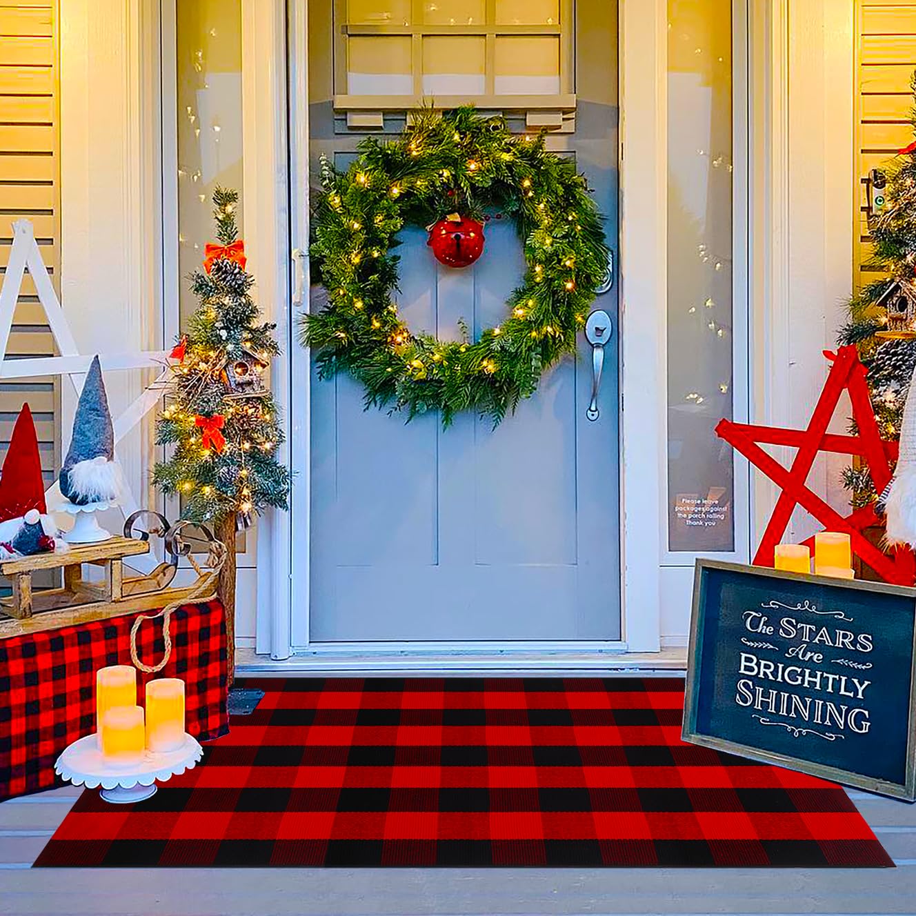 Ckorzen Red and Black Plaid Rug, 3' x 5' Christmas Front Porch Outdoor Rug, Handwoven Cotton Washable Rug for Layered Door Mats, Holiday Entryway and Home Décor