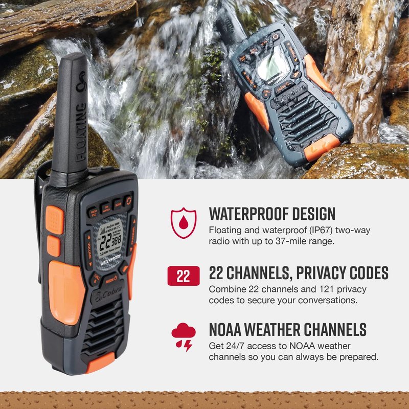 Cobra ACXT1037R FLT Floating Walkie Talkie - Waterproof, Rechargeable, Long Range up to 37-Mile Two Way Radio with NOAA Weather Alert & VOX, (1 Pack)