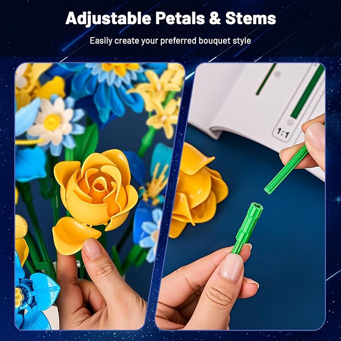 Starry Blooms Flowers Bouquet Building Set for Adults Artificial Flower Compatible with Lego Botanical Collection Valentine's Mother's Day for Women Girl Girlfriend Home Decor