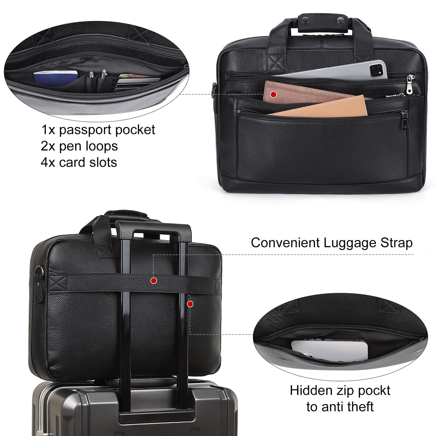 Masa Kawa Men’s Leather Briefcase for 16" Laptop Waterproof Crossbody Shoulder Messenger Bag Business Travel Work Computer Attache Case, Black