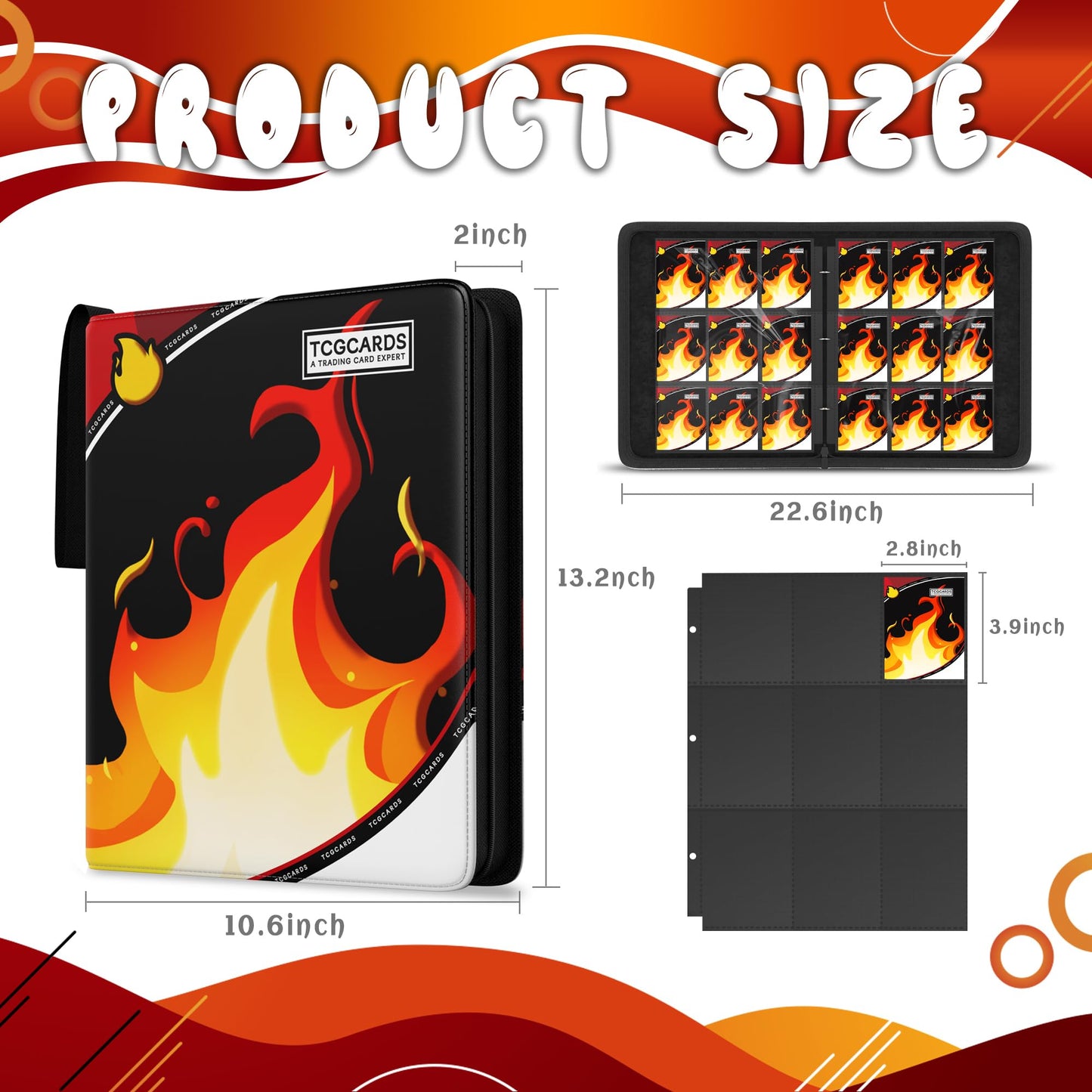 Trading Card Binder 9 Pocket, Binders for Cards 900 Pockets Holder Book with 50 Removable Sleeves, 3 Ring Zipper Card Album Bunder for TCG MTG Sports Cards, Standard Size Collectible