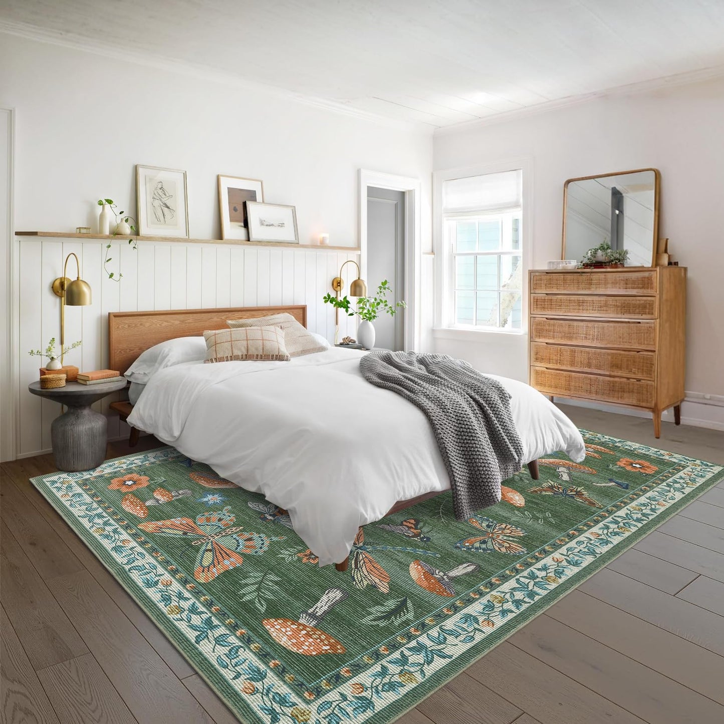 ROYHOME Mushroom Washable Rug 5x7 Area Rugs for Living Room, Insect Print for Bedroom, Non Slip Throw Rugs with Rubber Back, Soft Low Pile Dining Room Carpet for Under Table, Green