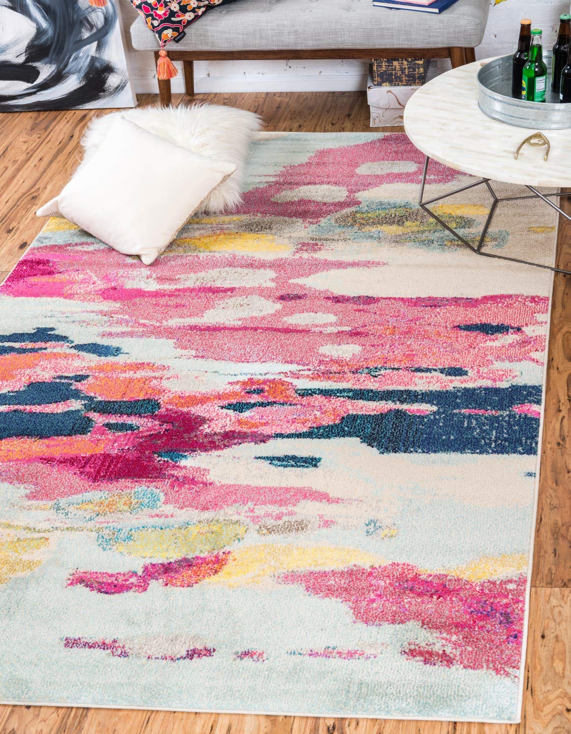 Unique Loom Estrella Collection Light Colors, Abstract, Modern, Vibrant Area Rug (3' 3 x 5' 3 Rectangular, Pink/Ivory)
