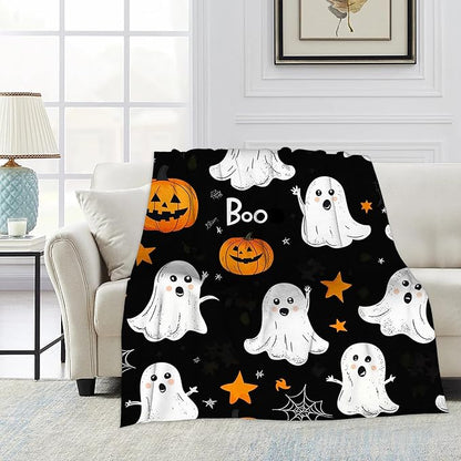 Throw Blanket, Halloween Blanket Cartoon Ghost Pumpkin Throw Blankets for Bed Kids Adults, Lightweight Cozy Blanket for Living Room, Bedroom 50"x60"