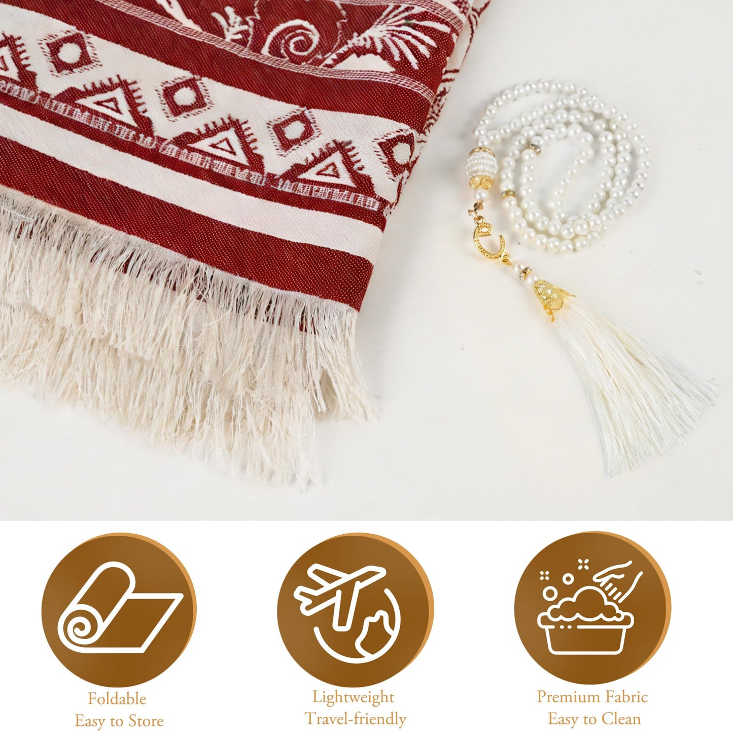 Islamic Prayer Rug Set, Muslim Prayer Mat with Mihrab Arch Floral Red Design and White Beaded Tasbih with Tassel, Thin Janamaz for Ramadan Eid Home Travel, Gift for Women Men (43" x 28")