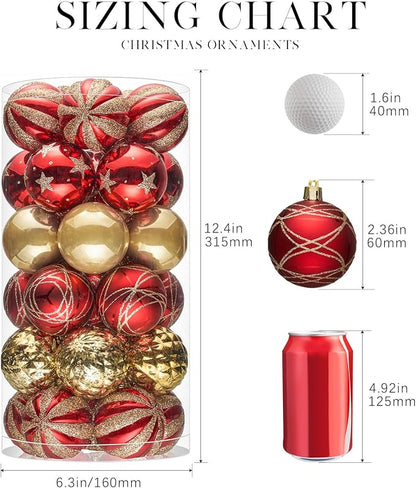 JORNOY Christmas Balls Ornaments, 30ct Shatterproof Xmas Tree Decorations, Hanging Bulbs Baubles Set with String for Holiday Home Party Decor, 2.36 inch/60mm, Red Gold