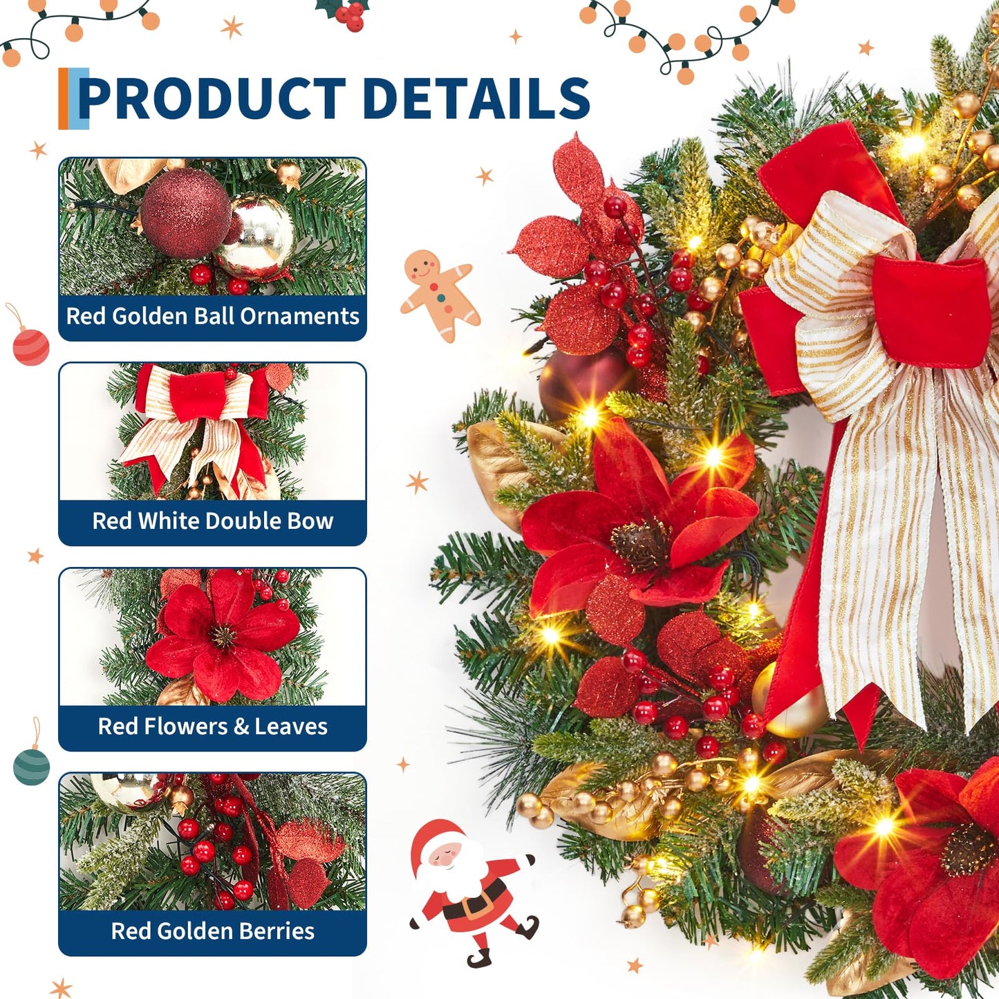 GarveeHome Christmas Wreath, 24 in Artificial Pre-Lit Christmas Wreaths for Front Door with 20 LED Lights & 8 Modes, Pine Needles & Red Berries, Accent Decor for Winter Holiday Home Office Apartment