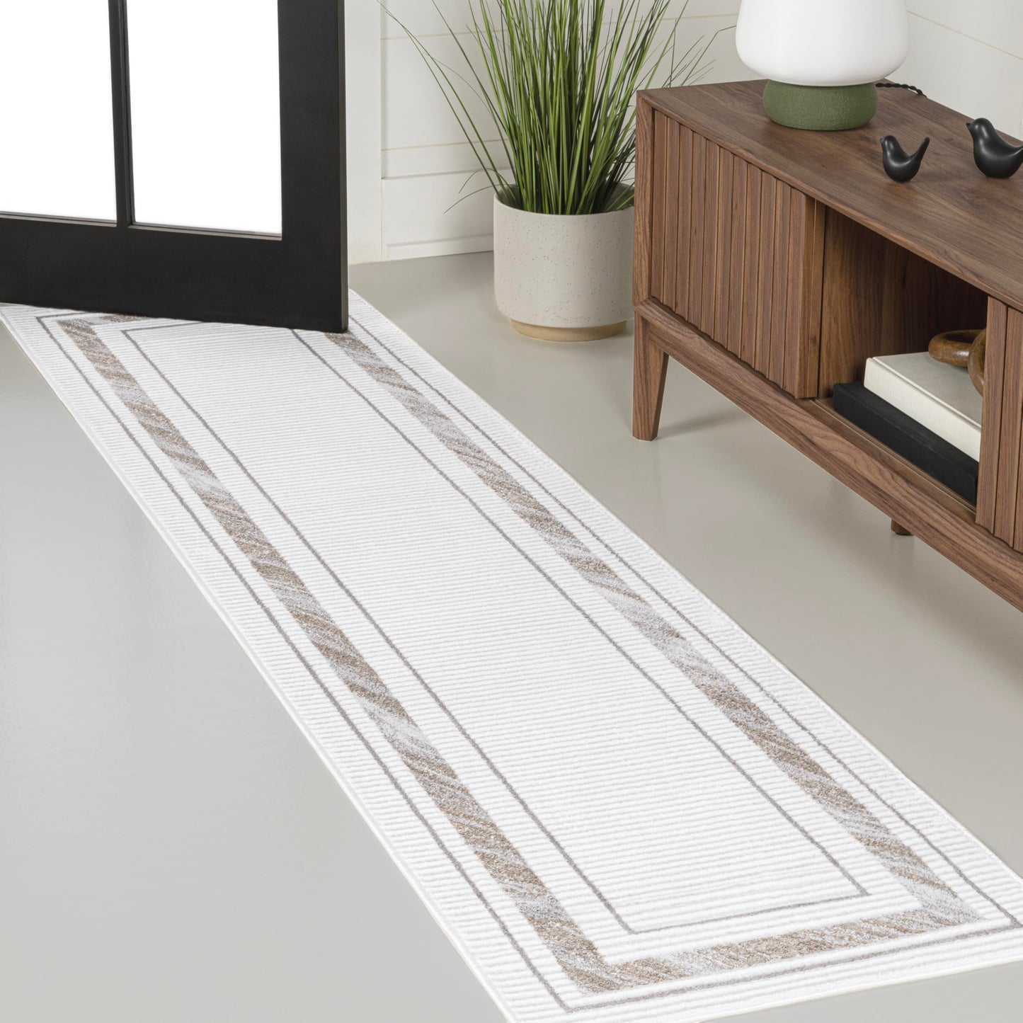 JONATHAN Y Marble Pattern High-Low Silver/Gold Runner Rug, 2x8, Athens Classic Border, Easy-Cleaning for Living Room, Bedroom, Kitchen, Pet Friendly, Non-Shedding (CAR102C-28)