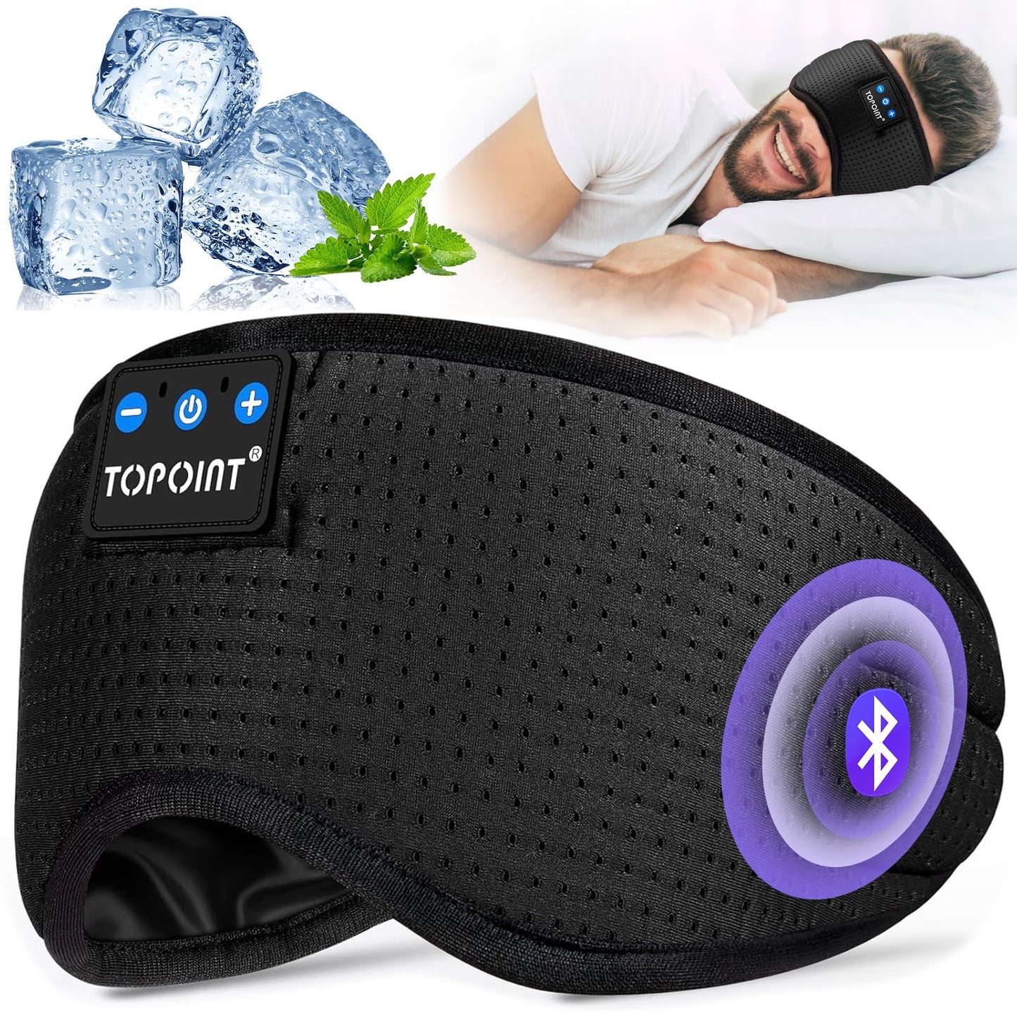 TOPOINT Sleep Mask with Bluetooth Headphones, Breathable Silk Eye Mask for Sleeping Men Women, Bluetooth Sleep Mask Blackout with Speakers, Microphone Handsfree, USB C for Travel Meditation Gifts