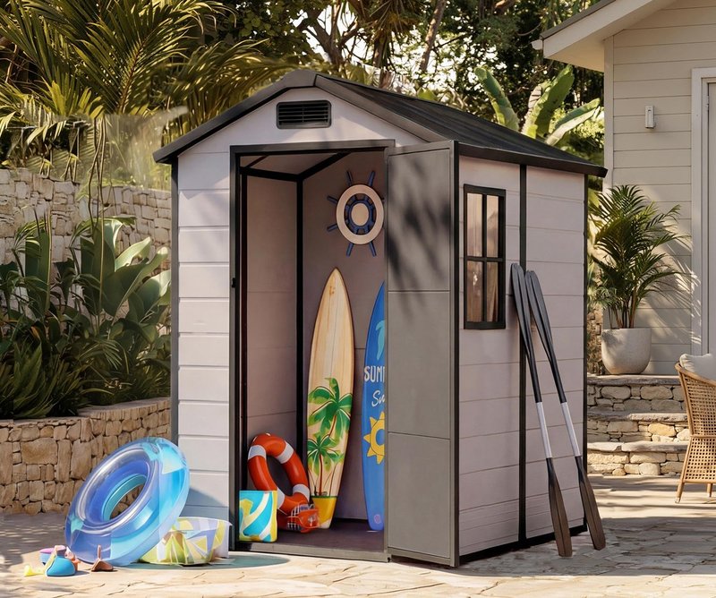4x6 ft Outdoor Storage Shed with Floor, Plastic Resin Garden Shed with Window & Lockable Door, Tool Shed for Patio, Backyard, Lawn Mower, Bike Storage