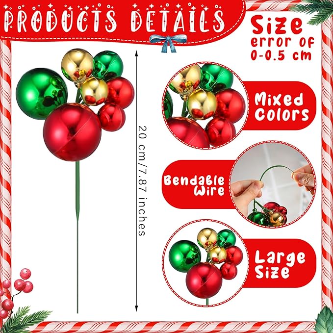 8 Pcs Christmas Ball Tree Picks 7.87 Inch Red Green Gold Christmas Ornaments Picks Xmas Tree Toppers Decorations for Xmas Floral Vase Fillers Wreath Stairs Garland Decoration Supplies
