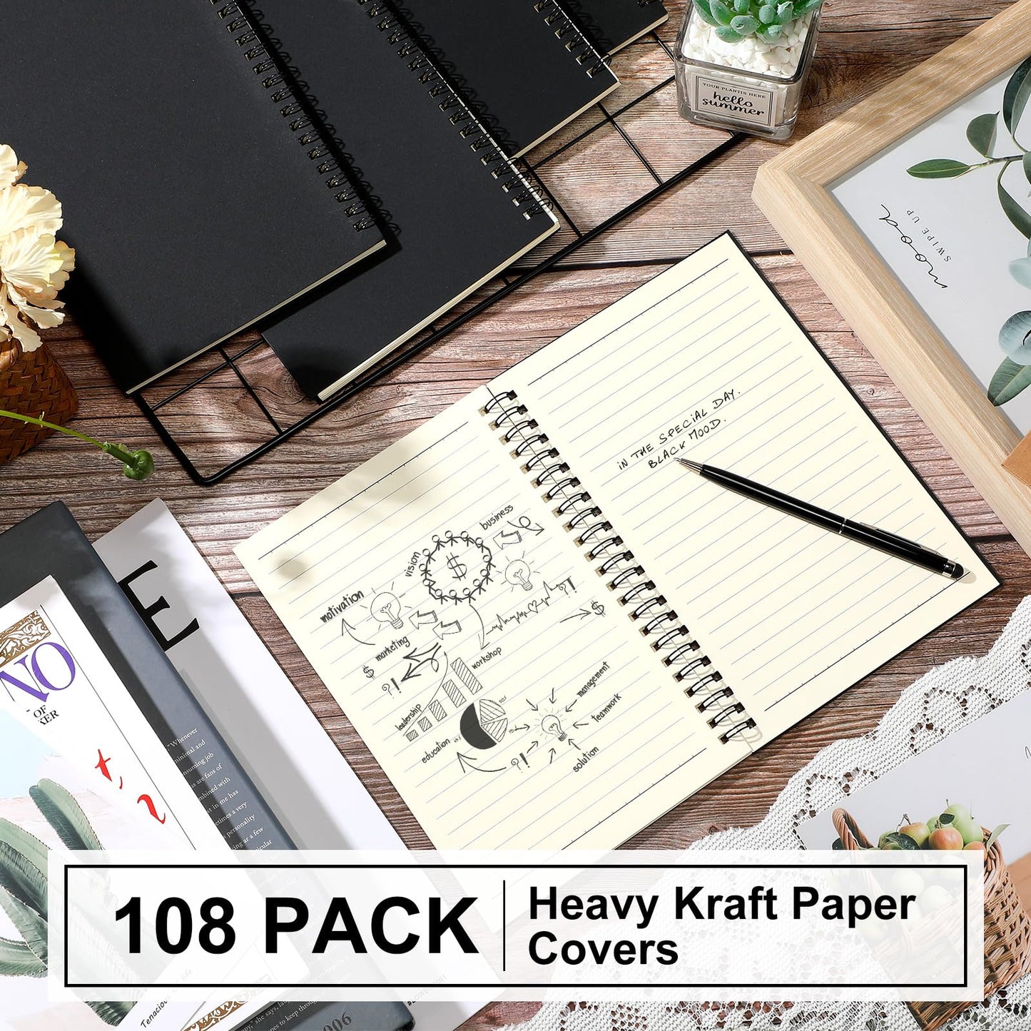 Yahenda 108 Pcs Spiral Notebook Bulk A5 Journal Lined 8.3'' x 5.5'' Writing Composition Paper Small Notepad Subject Notebook for Students Office Business Back to School Supplies (Black)