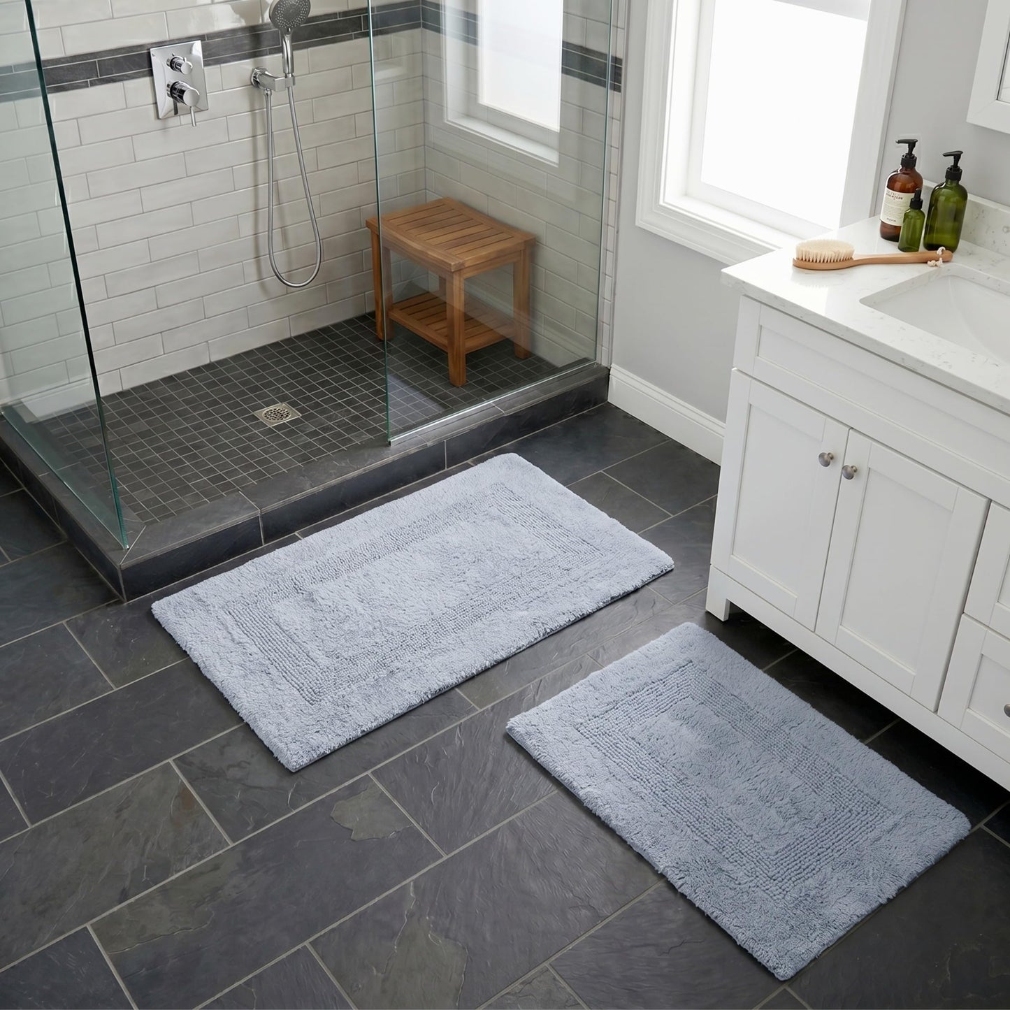 Cotton Bath Mat Set- 2 Piece 100 Percent Cotton Mats- Reversible, Soft, Absorbent and Machine Washable Bathroom Rugs By Lavish Home (Silver)