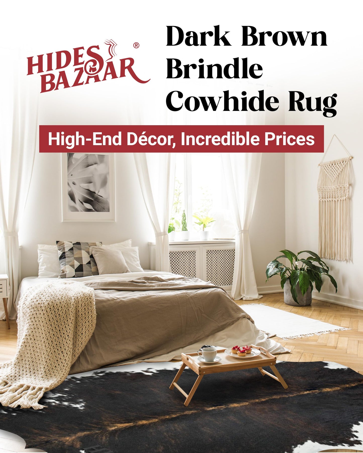 HIDES BAZAAR Real Cowhide Rug 6x7-8 ft - Natural Leather Hair-on-Hide Area Rug with Brown, Black & White Pattern (Dark Brown Brindle) - Soft Western Cow Skin Rug for Living Room & Rustic Homes