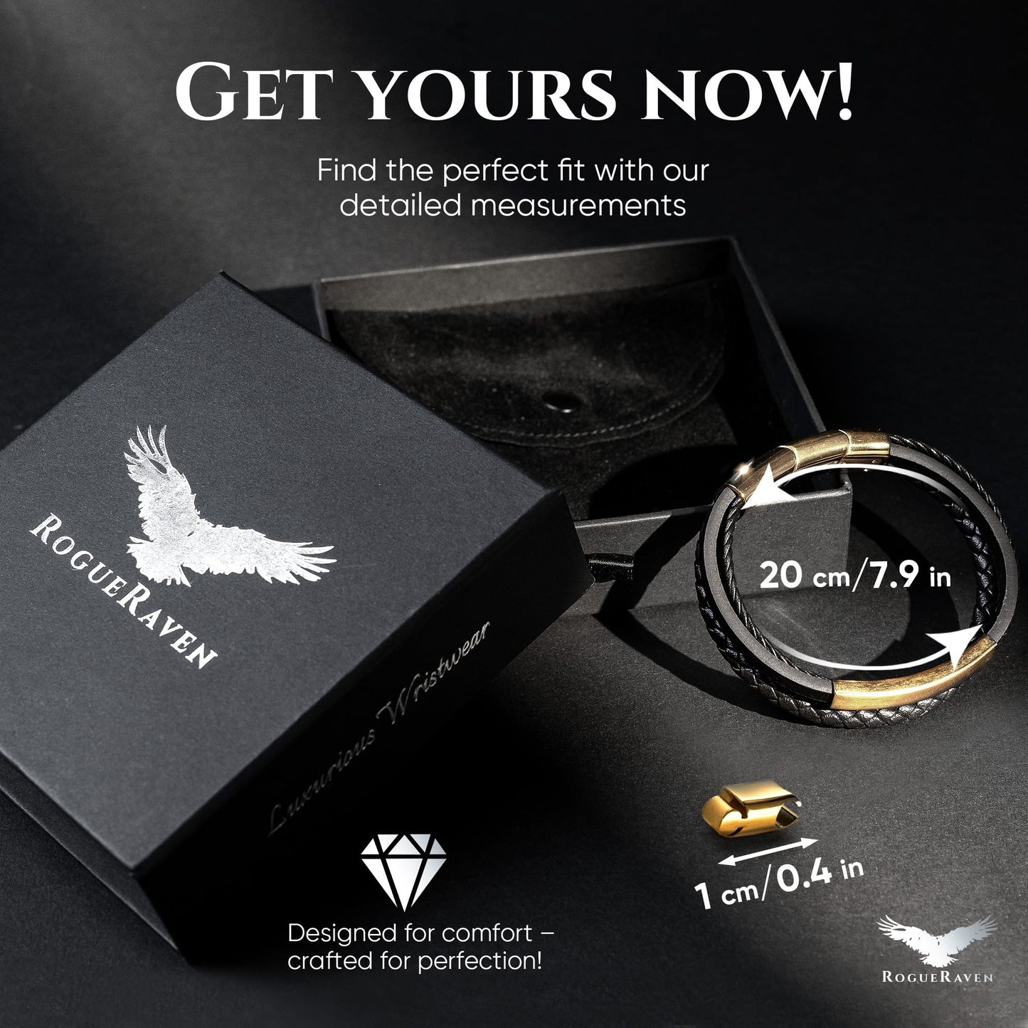 RogueRaven Black Leather Bracelet for Men – Premium Collection – Brown Black Gold Silver | Genuine Leather Mens Bracelet with Stainless Steel Clasp [Adjustable] | In Luxury Gift Box