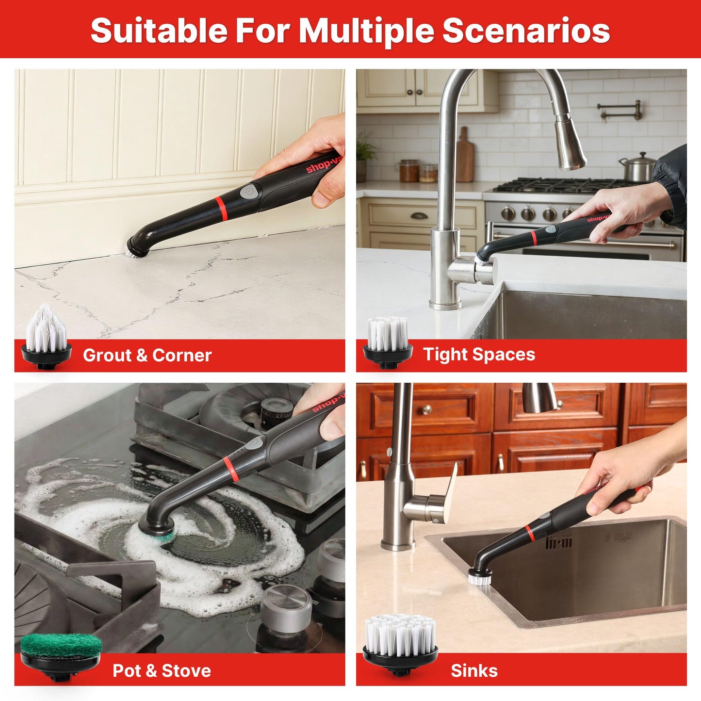 Shop-Vac Electric Spin Scrubber with 2000RPM Motor, 90Min Long Runtime with 5 Replaceable Head, LED Display and IPX6 Waterproof, Cordless Electric Scrubber for Cleaning Grout, Tile, Bathroom, Kitchen