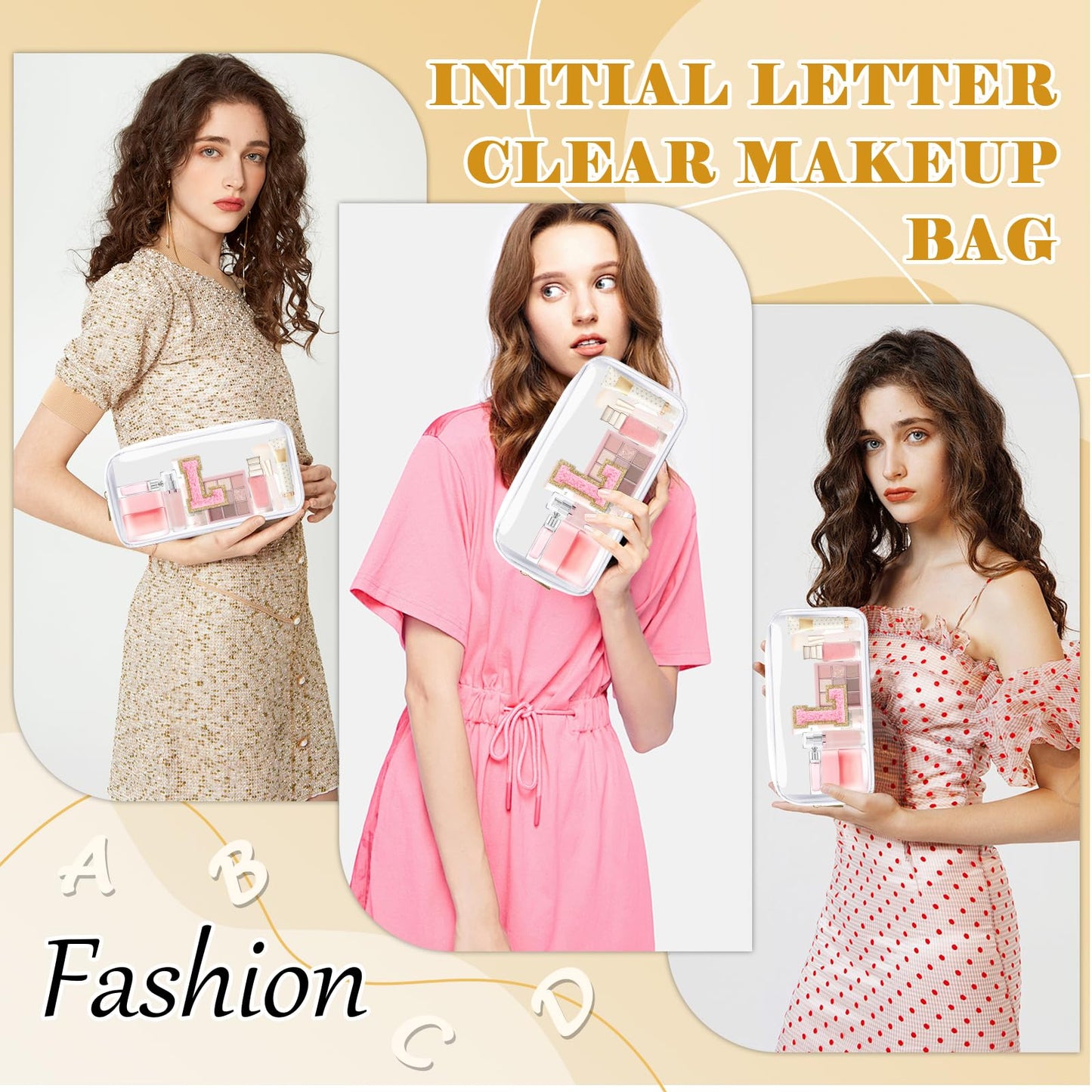 UIXIZQ Personalized Initial Letter Clear Makeup Bag,Preppy Small Nylon&PVC Cosmetic Zipper Bag with Chenille Letter,Travel Skincare Toiletry Bag,Monogram Christmas Gift for Teen Girls Women,L